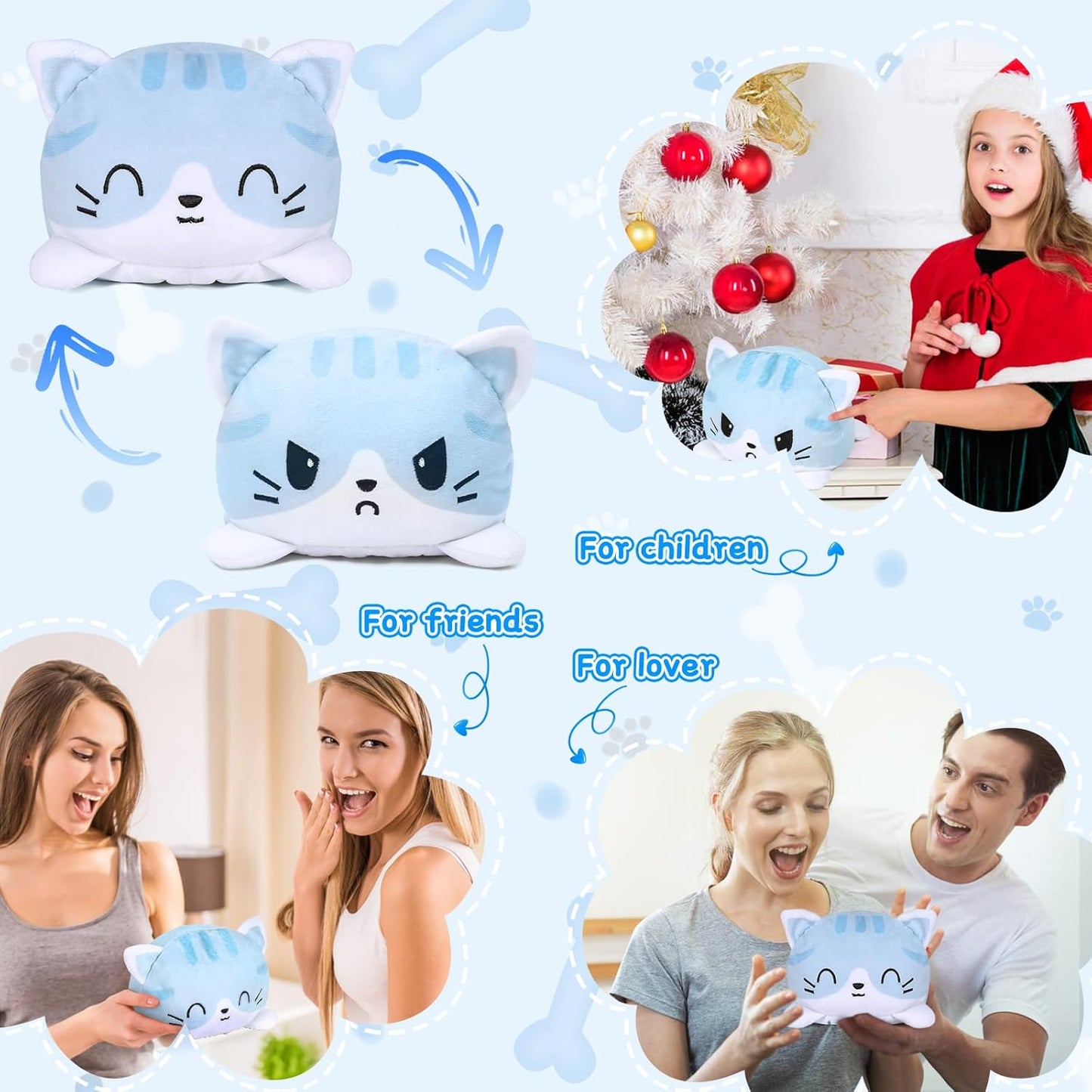 Thedttoy Reversible Cat Plush: Happy Sad Cat Emotion Kitten Double-Sided Flip Doll Soft Toy Blue