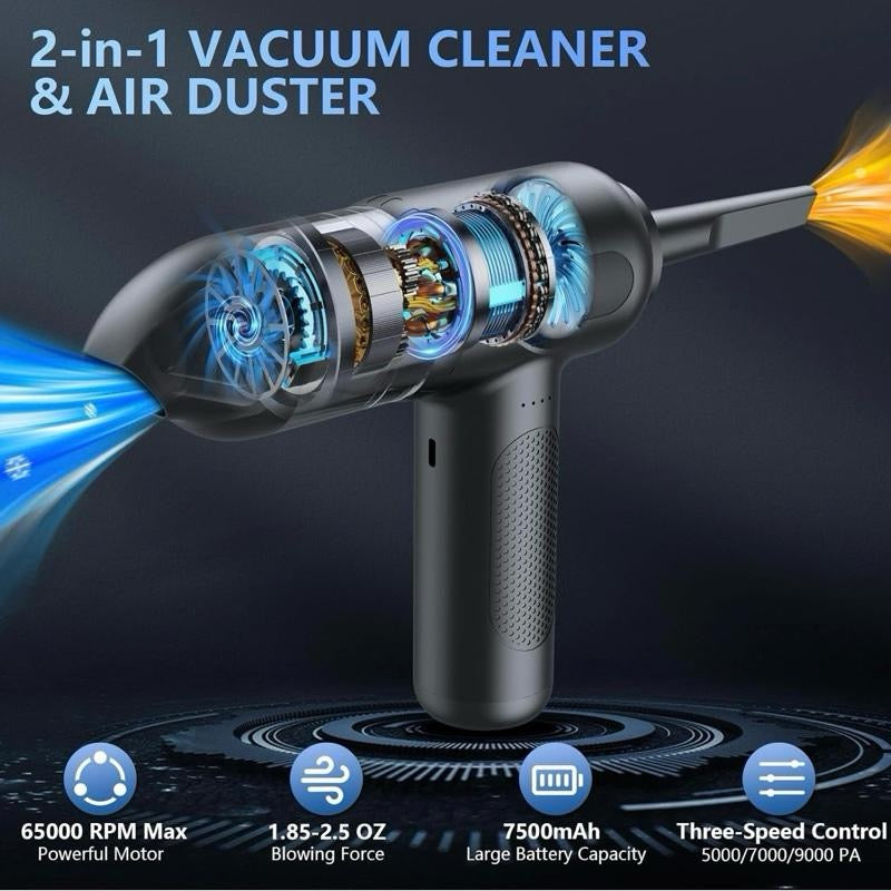 Compressed Air Duster, 9000Pa Powerful Hand Held Vacuum Cordless, 4-in-1 Portable Car Vacuum Cleaner, 7500mAh Rechargeable Mini Hoover for Home, Pet Hair, Office, Kitchen