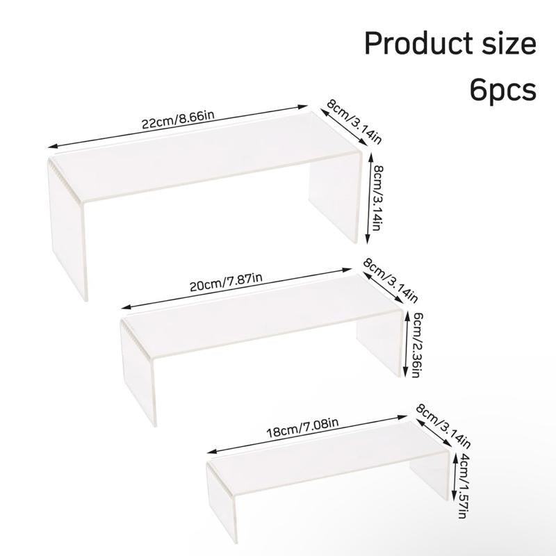 6 Pcs Acrylic Display Risers, 3 Sizes Clear Display Stands, Transparent Showcase Stands Acrylic Shelves, Product Display Shelf for Collections Pops Figures Jewelry Dessert Candy Cosmetics Perfume