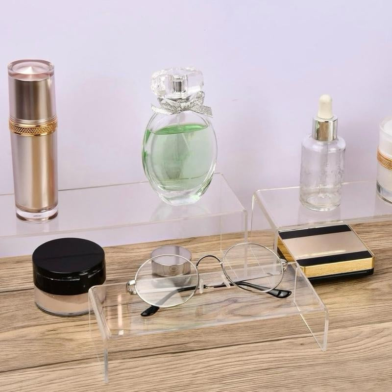 6 Pcs Acrylic Display Risers, 3 Sizes Clear Display Stands, Transparent Showcase Stands Acrylic Shelves, Product Display Shelf for Collections Pops Figures Jewelry Dessert Candy Cosmetics Perfume
