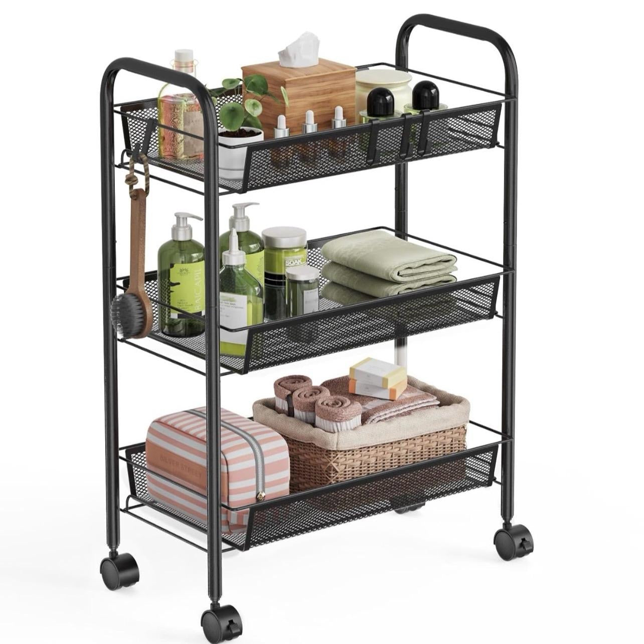 WELDUN 3-Tier Storage Trolley, Rolling Cart, Mesh Storage Cart, Mobile Storage Trolley, Portable, Stable and Easy to Set up, Bedroom Kitchen Bathroom Toilet Living Room Storage Cart, Metal, Black