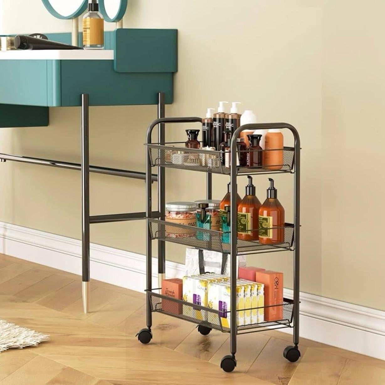 WELDUN 3-Tier Storage Trolley, Rolling Cart, Mesh Storage Cart, Mobile Storage Trolley, Portable, Stable and Easy to Set up, Bedroom Kitchen Bathroom Toilet Living Room Storage Cart, Metal, Black