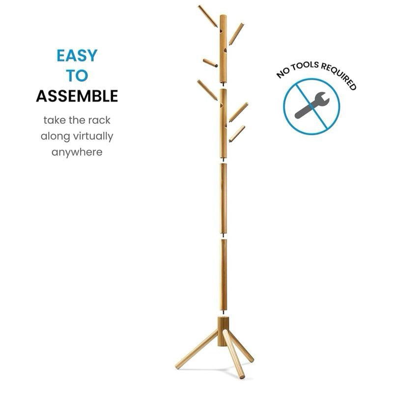 Wooden Tree Coat Rack Stand, 6 Hooks, Super Easy Assembly NO Tools Required, 3 Adjustable Sizes Free Standing Hallway Coat Hanger Hat Stand, for Handbag Clothes & Accessories - Natural Wood