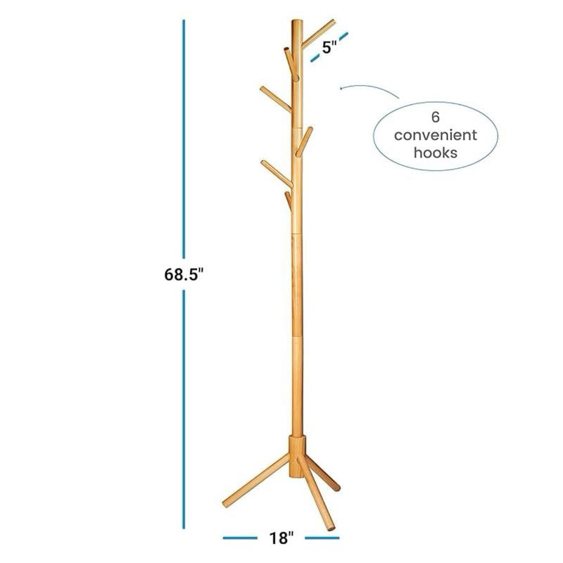 Wooden Tree Coat Rack Stand, 6 Hooks, Super Easy Assembly NO Tools Required, 3 Adjustable Sizes Free Standing Hallway Coat Hanger Hat Stand, for Handbag Clothes & Accessories - Natural Wood