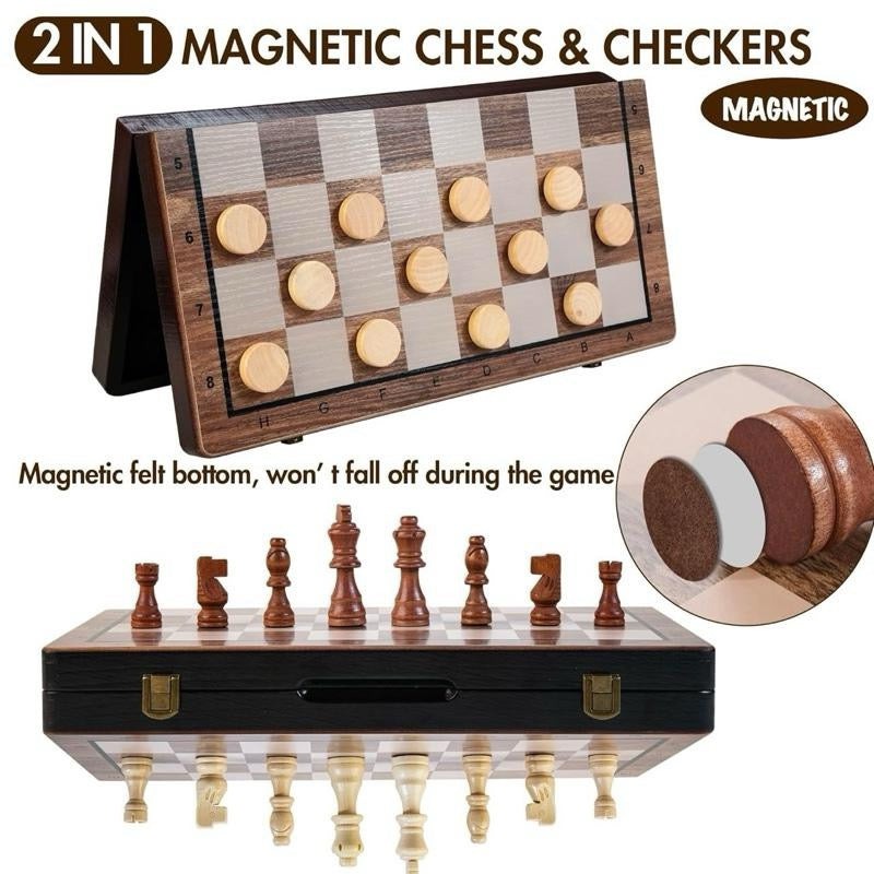 2 in 1 Magnetic Wooden Chess Set & Checkers Board Game, 15’’ Folding Chess Board with Pieces Storage Slots, 2 Extra Queens, Portable Travel Chess Set for Kids Adults Beginner Age 3+