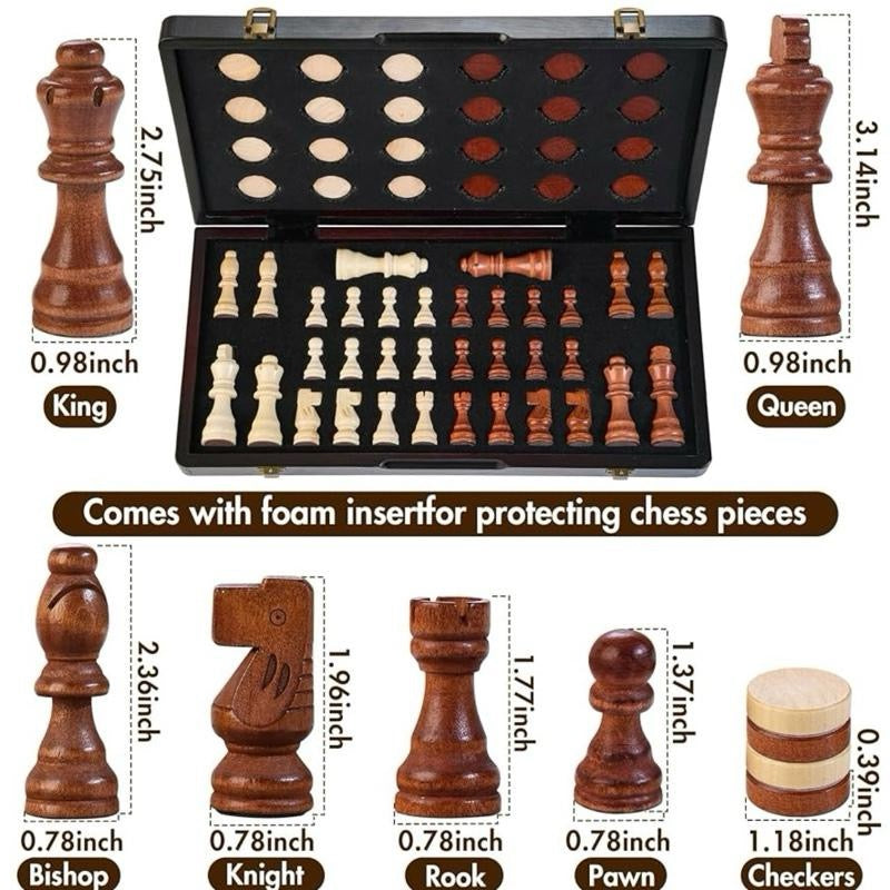 2 in 1 Magnetic Wooden Chess Set & Checkers Board Game, 15’’ Folding Chess Board with Pieces Storage Slots, 2 Extra Queens, Portable Travel Chess Set for Kids Adults Beginner Age 3+