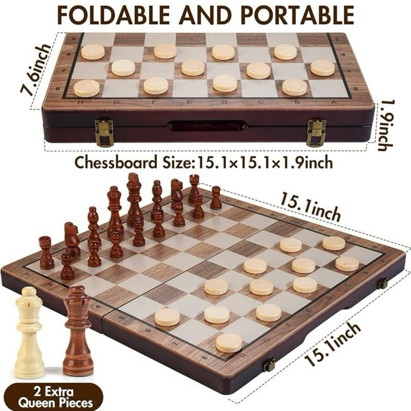 2 in 1 Magnetic Wooden Chess Set & Checkers Board Game, 15’’ Folding Chess Board with Pieces Storage Slots, 2 Extra Queens, Portable Travel Chess Set for Kids Adults Beginner Age 3+