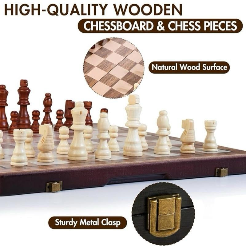 2 in 1 Magnetic Wooden Chess Set & Checkers Board Game, 15’’ Folding Chess Board with Pieces Storage Slots, 2 Extra Queens, Portable Travel Chess Set for Kids Adults Beginner Age 3+