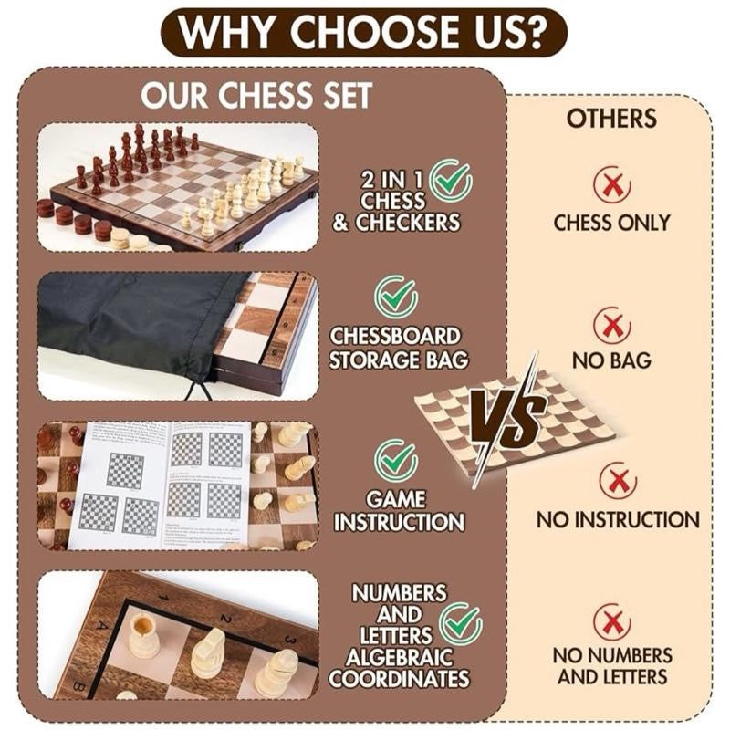 2 in 1 Magnetic Wooden Chess Set & Checkers Board Game, 15’’ Folding Chess Board with Pieces Storage Slots, 2 Extra Queens, Portable Travel Chess Set for Kids Adults Beginner Age 3+