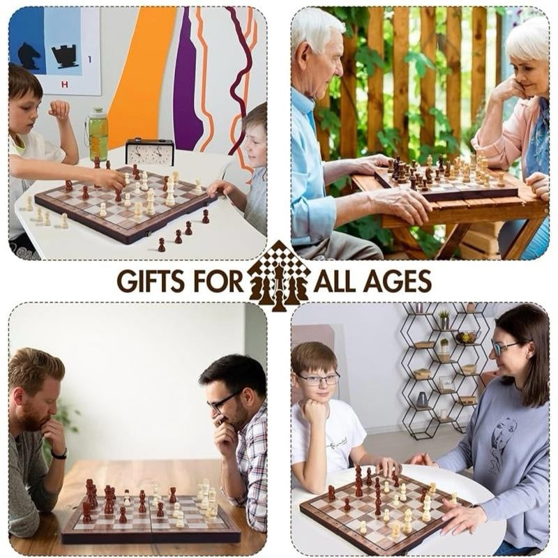 2 in 1 Magnetic Wooden Chess Set & Checkers Board Game, 15’’ Folding Chess Board with Pieces Storage Slots, 2 Extra Queens, Portable Travel Chess Set for Kids Adults Beginner Age 3+