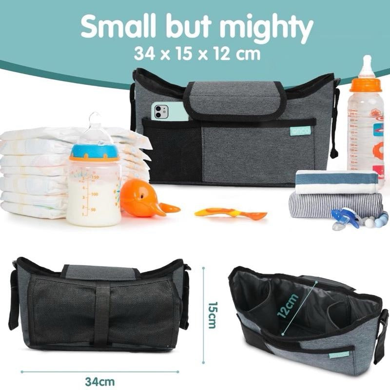 Universal Pram Organiser Bag With Cup Holder & Phone Pocket - Multifunctional Buggy Organiser