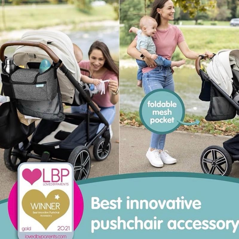 Universal Pram Organiser Bag With Cup Holder & Phone Pocket - Multifunctional Buggy Organiser