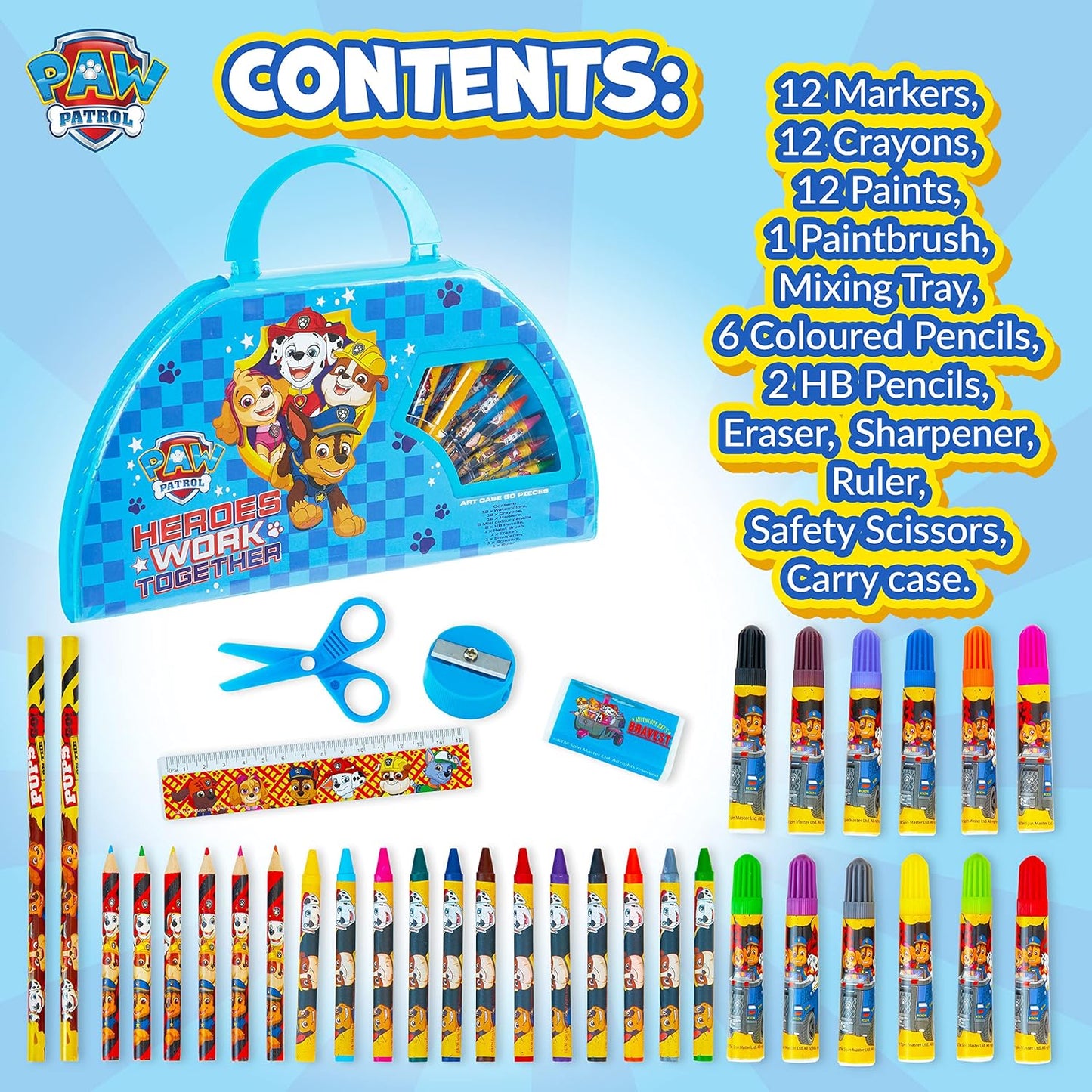 Paw Patrol 50 Piece Drawing Case with Felt Tip Colouring Pens, Children's Paint and Coloured Pencils for Children's Crafts