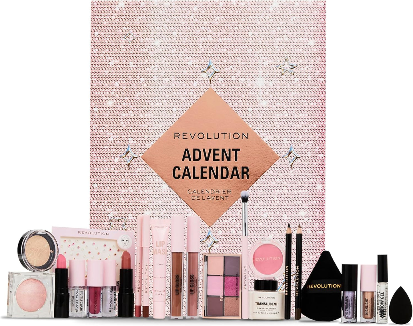 Revolution Beauty 24-Piece Holiday Beauty Advent Calendar, Makeup Gift Set with Lip Gloss, Nourishing Lip Masks, Brushes & Brow Gel