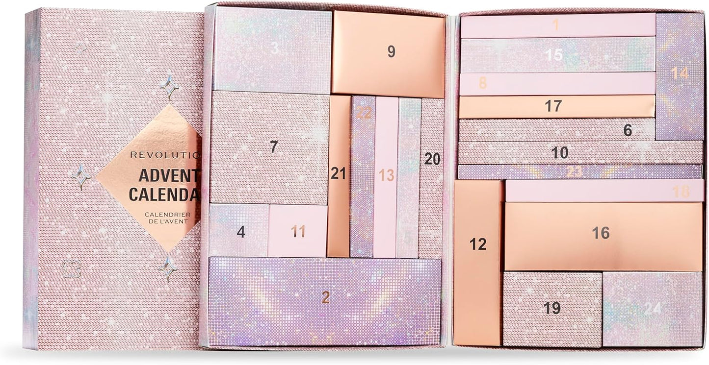 Revolution Beauty 24-Piece Holiday Beauty Advent Calendar, Makeup Gift Set with Lip Gloss, Nourishing Lip Masks, Brushes & Brow Gel