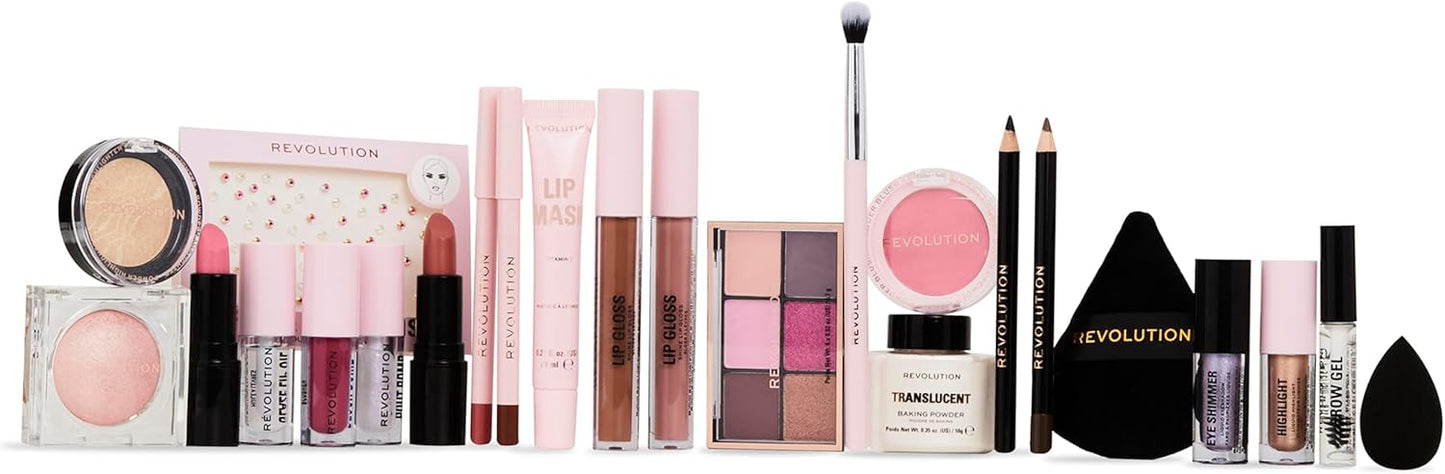 Revolution Beauty 24-Piece Holiday Beauty Advent Calendar, Makeup Gift Set with Lip Gloss, Nourishing Lip Masks, Brushes & Brow Gel