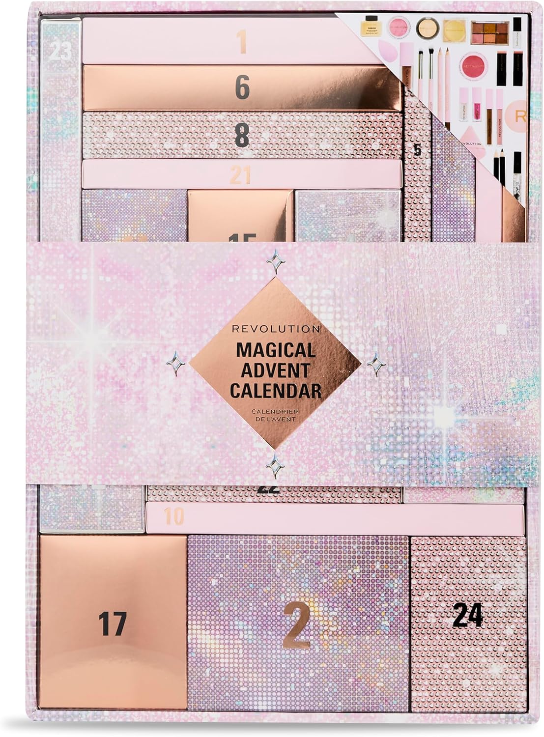 Revolution Beauty 24-Piece Holiday Beauty Advent Calendar, Makeup Gift Set with Lip Gloss, Nourishing Lip Masks, Brushes & Brow Gel