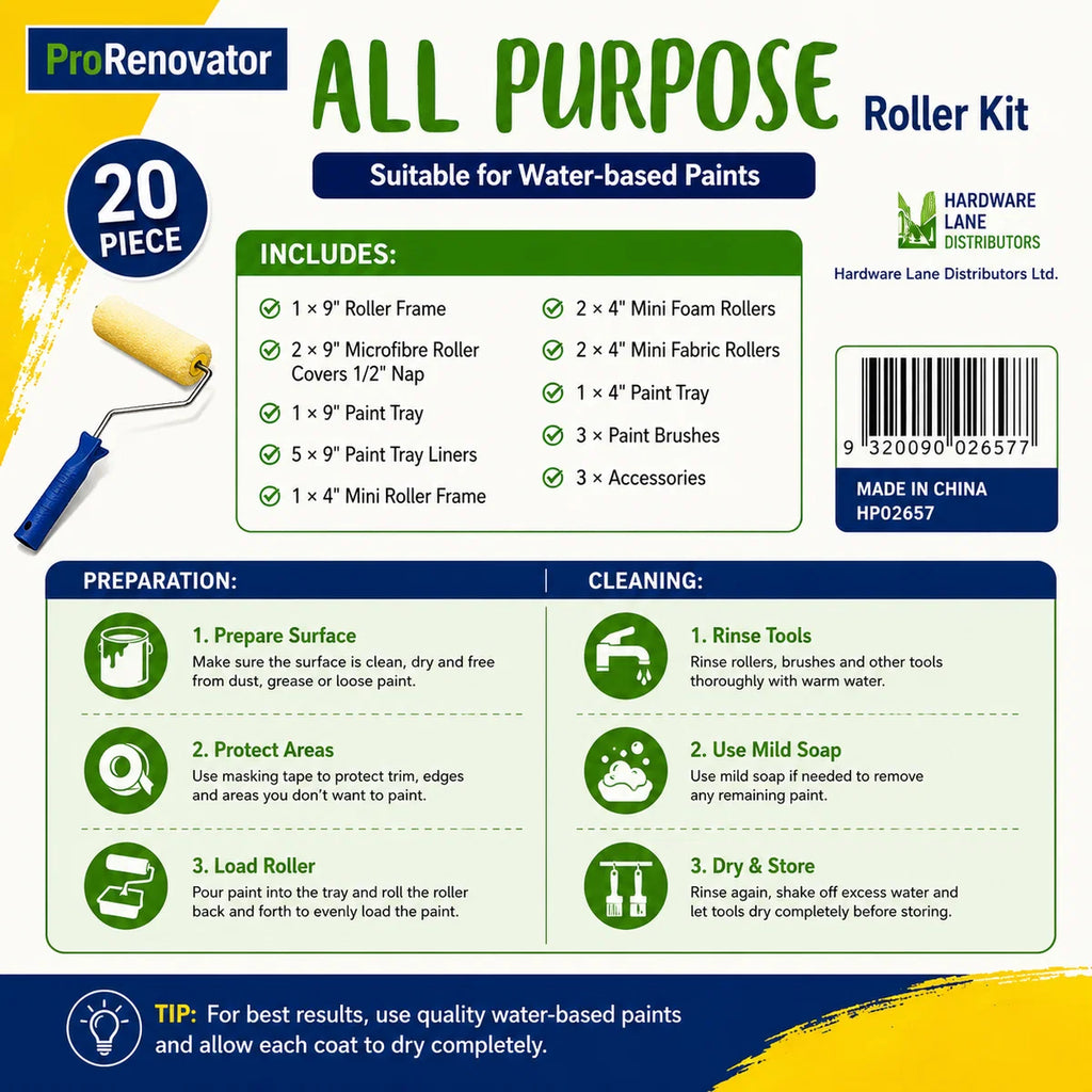 ProRenovator 20-Piece All Purpose Paint Roller Kit – Suitable for Water-Based Paints