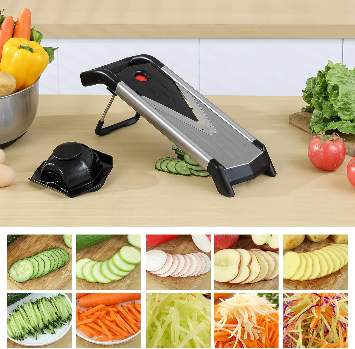 5-in-1 Adjustable Mandoline Slicer – Stainless Steel Vegetable Cutter with Safety Gloves & Non-Slip Base