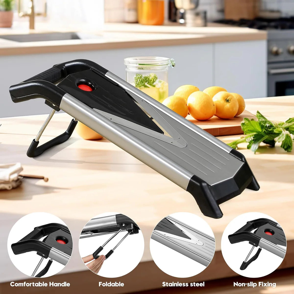 5-in-1 Adjustable Mandoline Slicer – Stainless Steel Vegetable Cutter with Safety Gloves & Non-Slip Base
