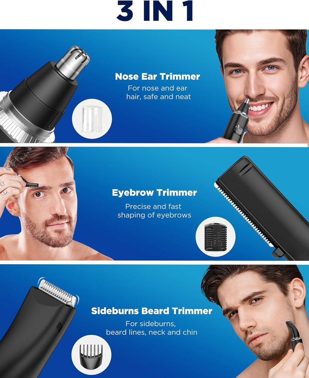 Nose Hair Trimmer for Men,3 in 1 USB Nose Trimmer with LED Battery Display,Painless Dual Edge Blades Nasal Hair Trimmers for Men,Eyebrow Razor,Ear Facial Hair Remover,IPX7 Waterproof,Easy Cleansing