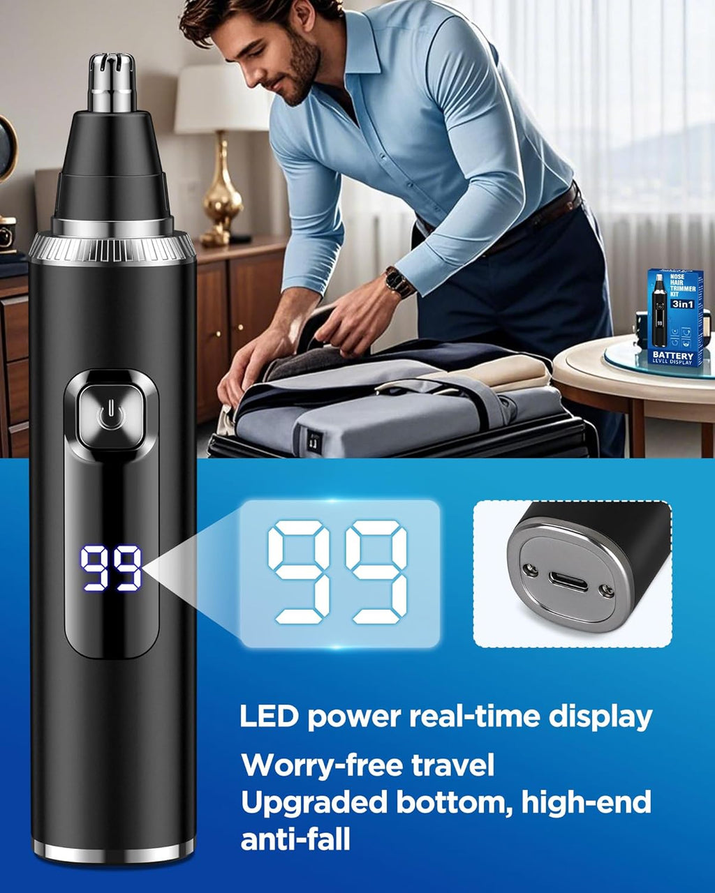 Nose Hair Trimmer for Men,3 in 1 USB Nose Trimmer with LED Battery Display,Painless Dual Edge Blades Nasal Hair Trimmers for Men,Eyebrow Razor,Ear Facial Hair Remover,IPX7 Waterproof,Easy Cleansing