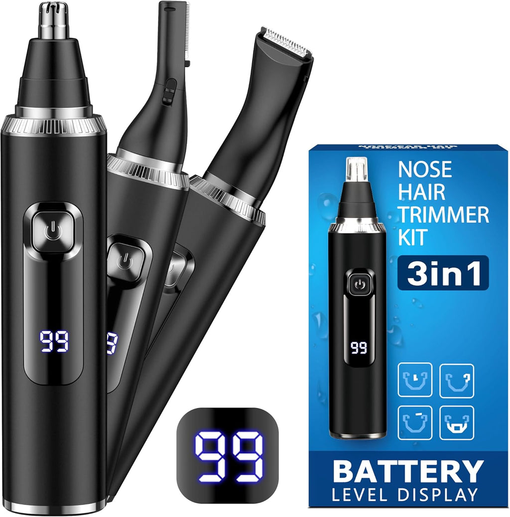 Nose Hair Trimmer for Men,3 in 1 USB Nose Trimmer with LED Battery Display,Painless Dual Edge Blades Nasal Hair Trimmers for Men,Eyebrow Razor,Ear Facial Hair Remover,IPX7 Waterproof,Easy Cleansing