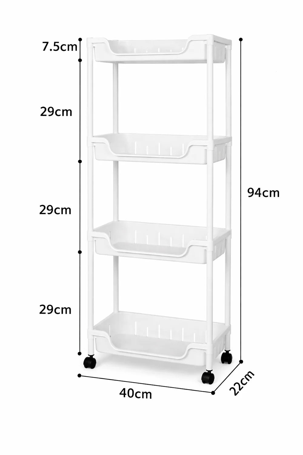 4-Tier Plastic Storage Trolley on Wheels – Multi-Purpose Organizer Cart (94 x 40 x 22 cm)
