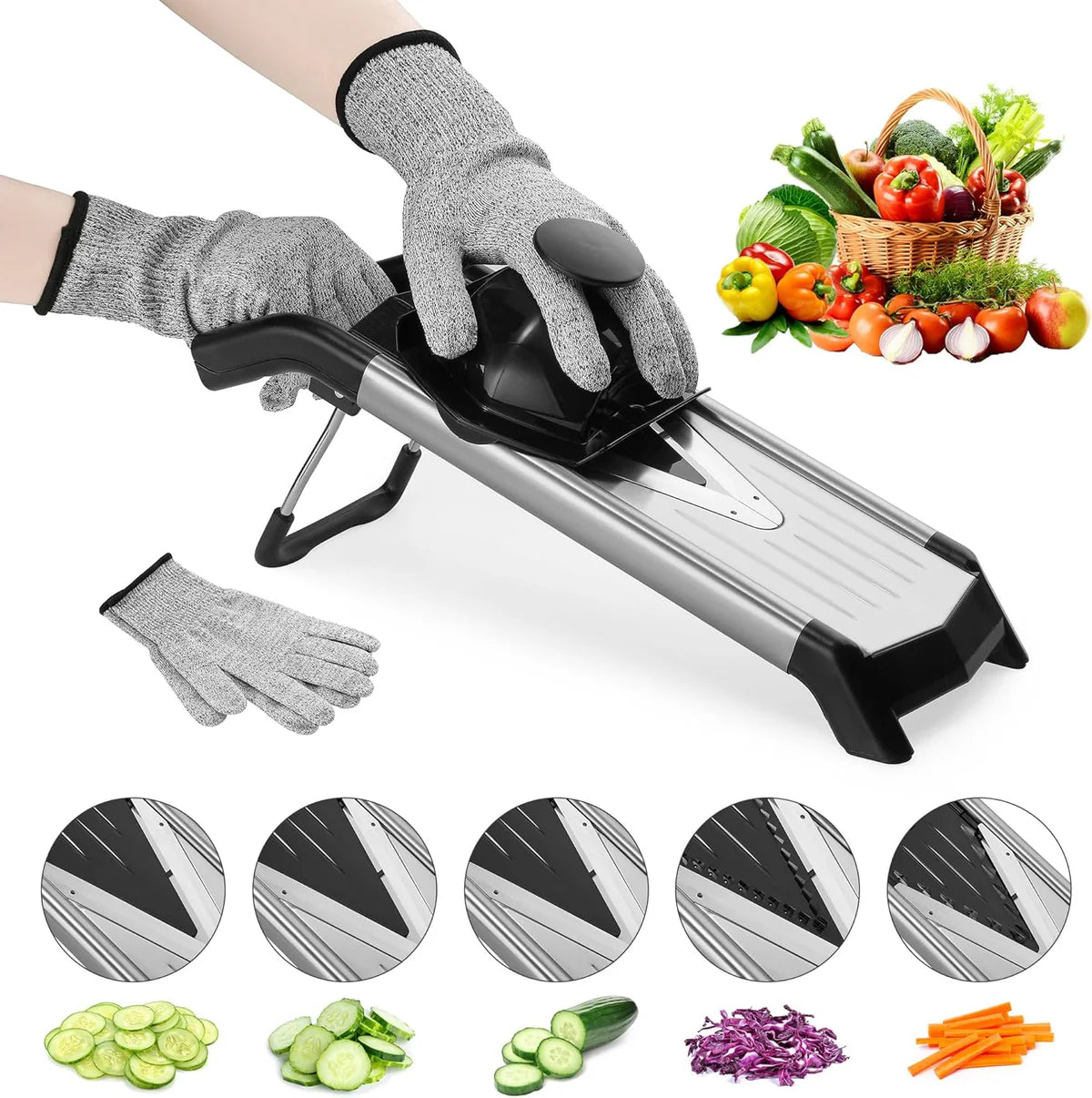 5-in-1 Adjustable Mandoline Slicer – Stainless Steel Vegetable Cutter with Safety Gloves & Non-Slip Base