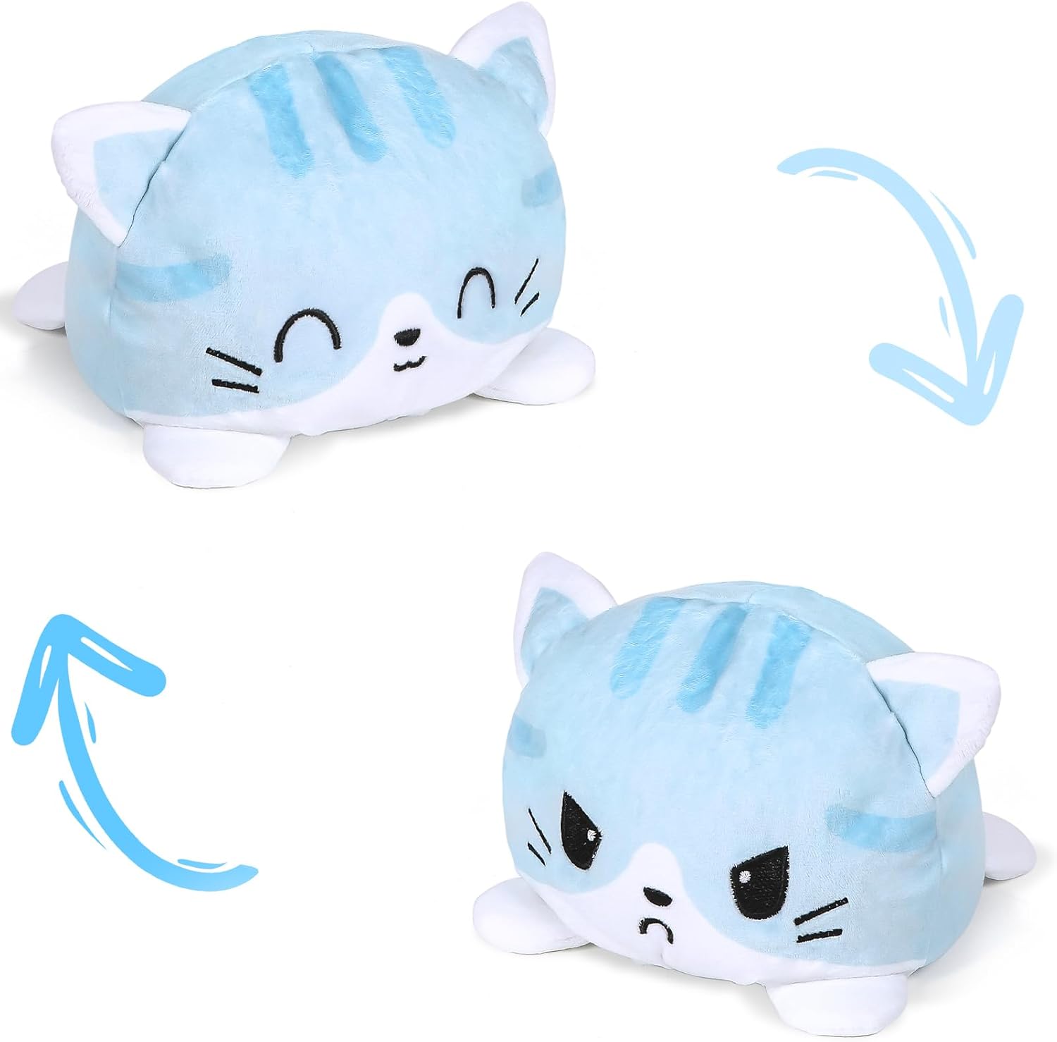 Thedttoy Reversible Cat Plush: Happy Sad Cat Emotion Kitten Double-Sided Flip Doll Soft Toy Blue