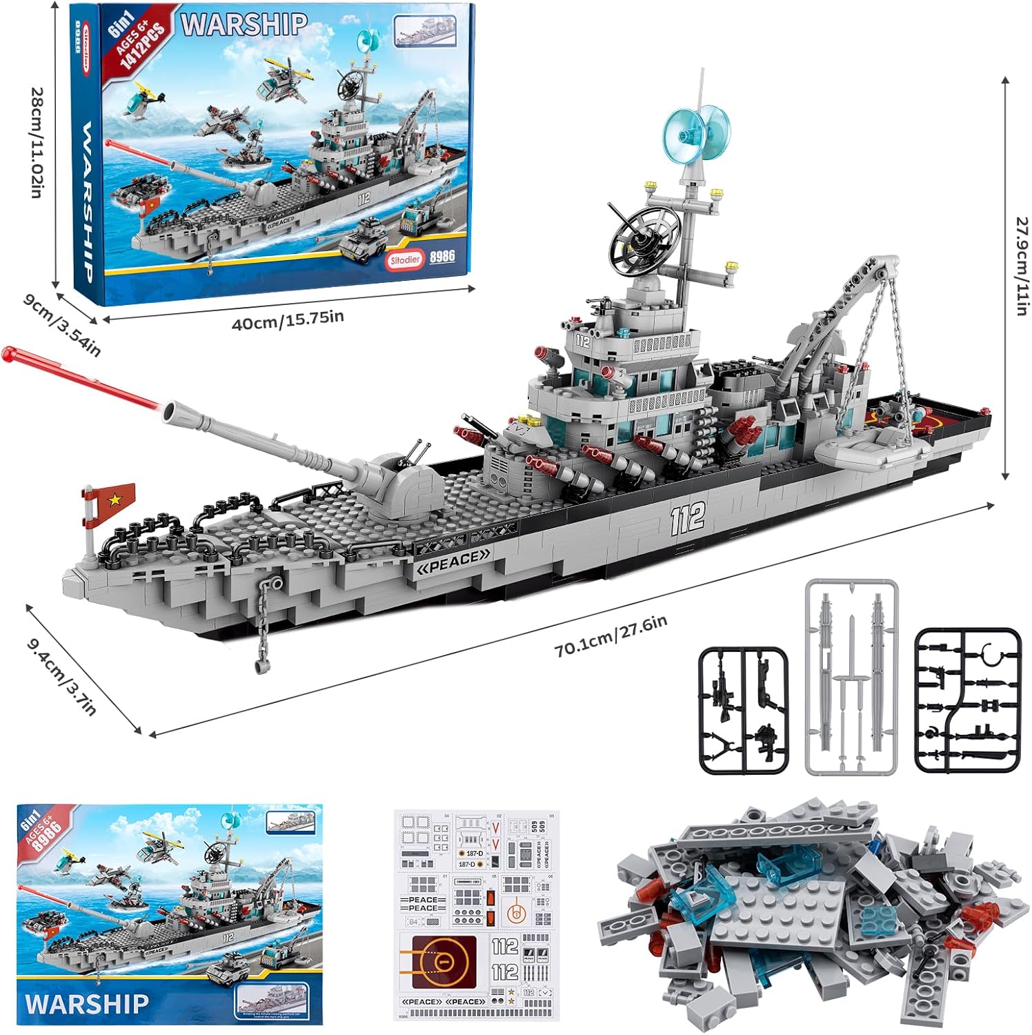 Warship Building Toy, 1412pcs Cruiser Ocean Boat Ship Building Set for 8+ Years Boys, Battleship Building Bricks Kit for Kids Ages 8 to 14 Years Old