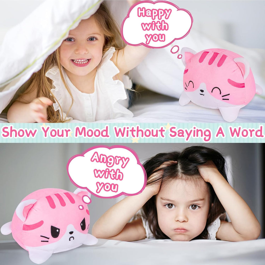 Thedttoy Reversible Cat Plush: Happy Sad Cat Emotion Kitten Double-Sided Flip Doll Soft Toy Pink