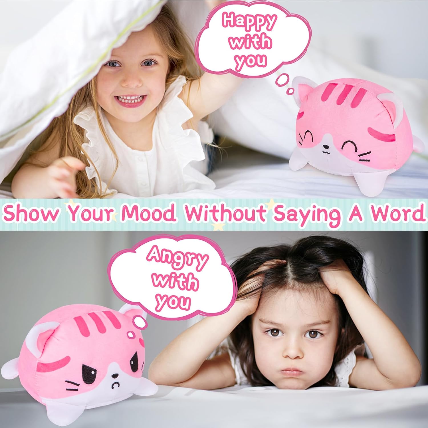 Thedttoy Reversible Cat Plush: Happy Sad Cat Emotion Kitten Double-Sided Flip Doll Soft Toy Pink