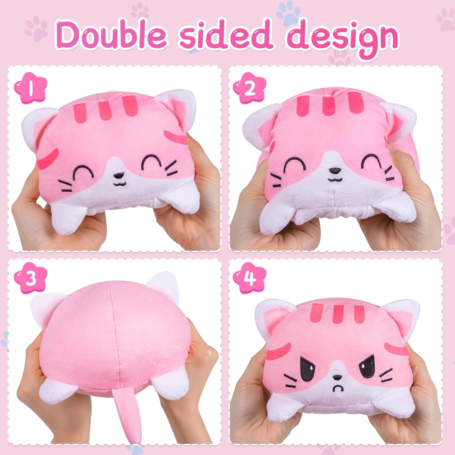 Thedttoy Reversible Cat Plush: Happy Sad Cat Emotion Kitten Double-Sided Flip Doll Soft Toy Pink