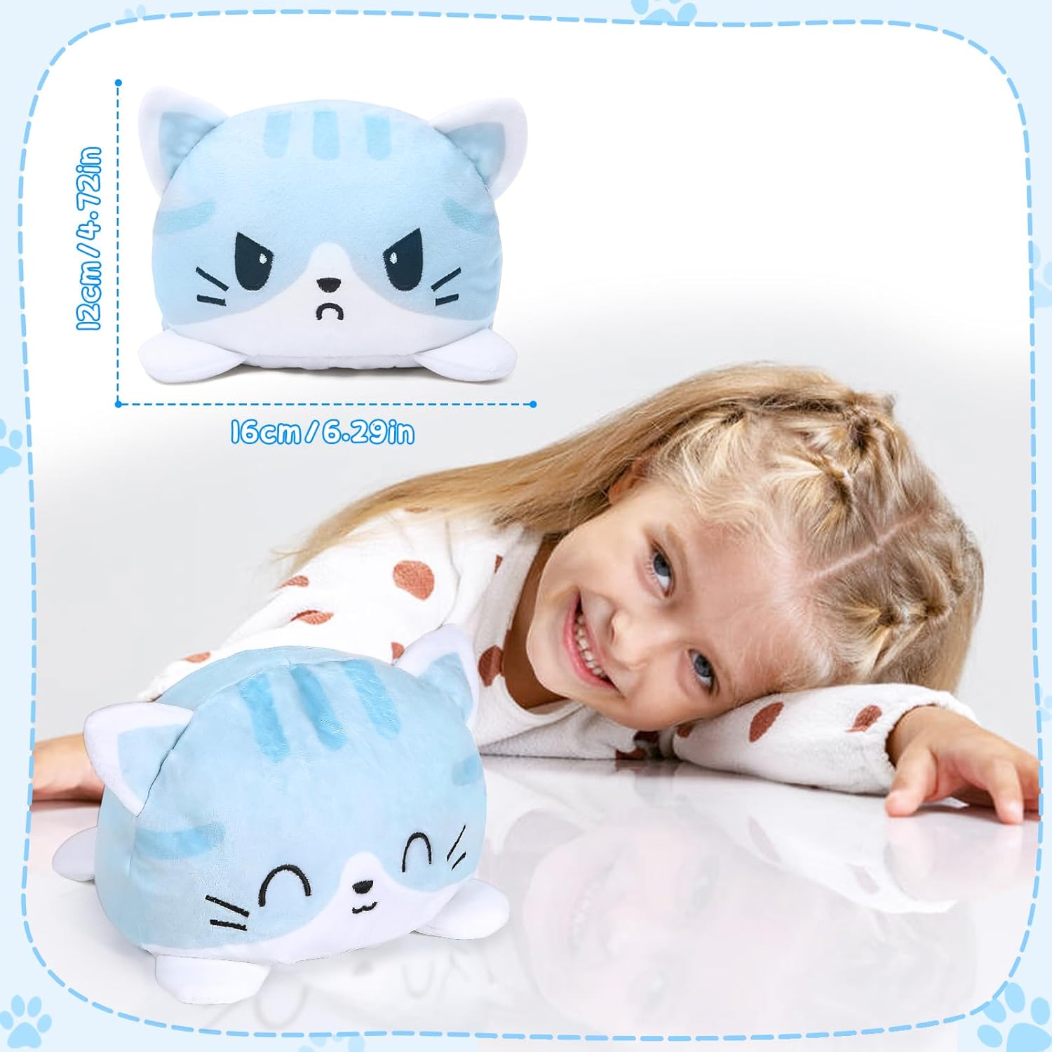 Thedttoy Reversible Cat Plush: Happy Sad Cat Emotion Kitten Double-Sided Flip Doll Soft Toy Blue