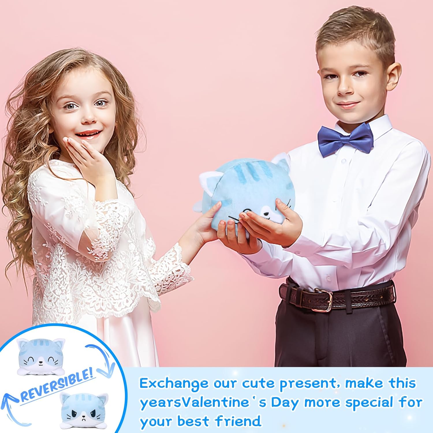 Thedttoy Reversible Cat Plush: Happy Sad Cat Emotion Kitten Double-Sided Flip Doll Soft Toy Blue