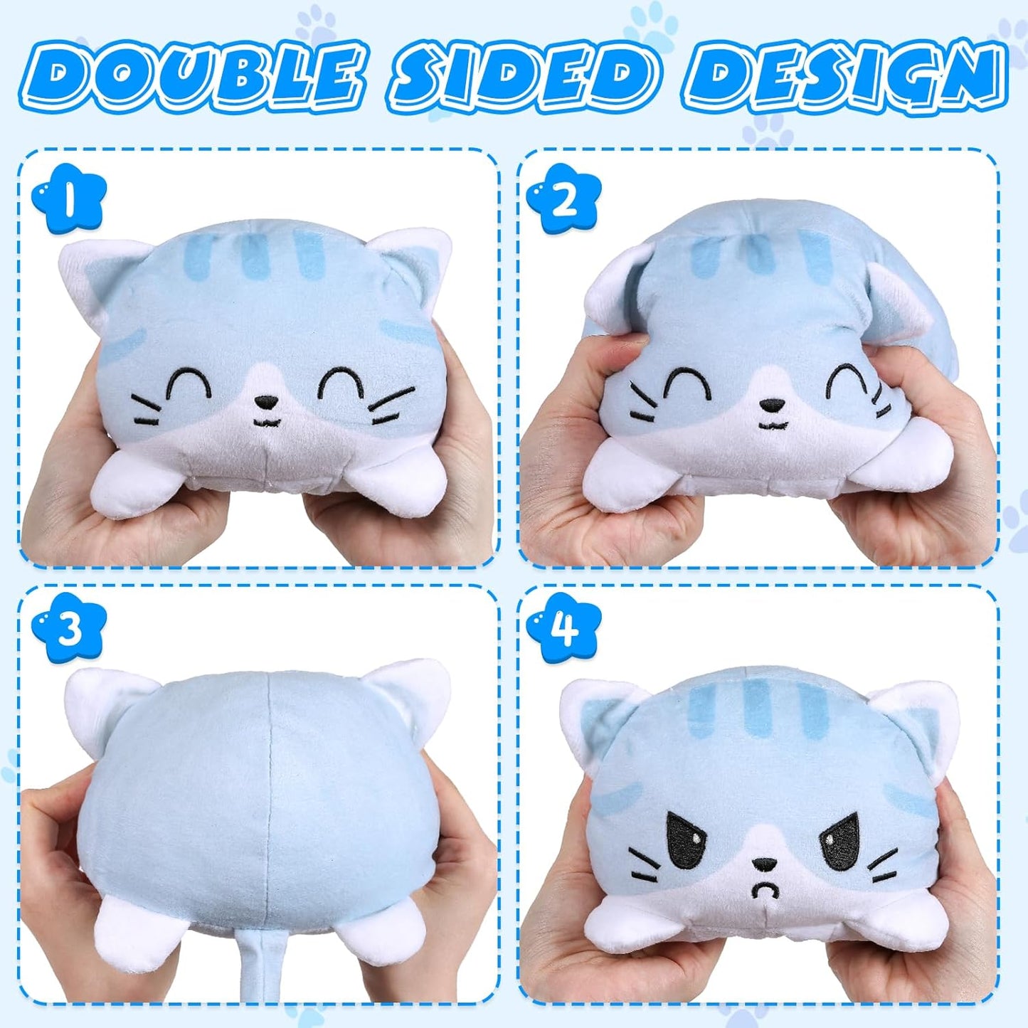 Thedttoy Reversible Cat Plush: Happy Sad Cat Emotion Kitten Double-Sided Flip Doll Soft Toy Blue