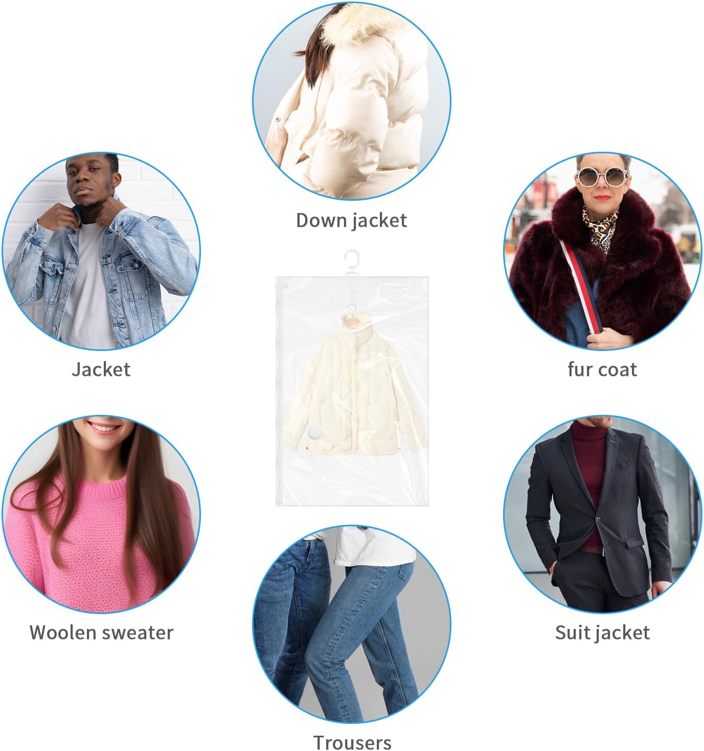 Volumoon Pack of 4 hanging vacuum bags for clothes vacuum bags, clothing organiser, vacuum space saver, for clothes, down jackets, suits, jackets