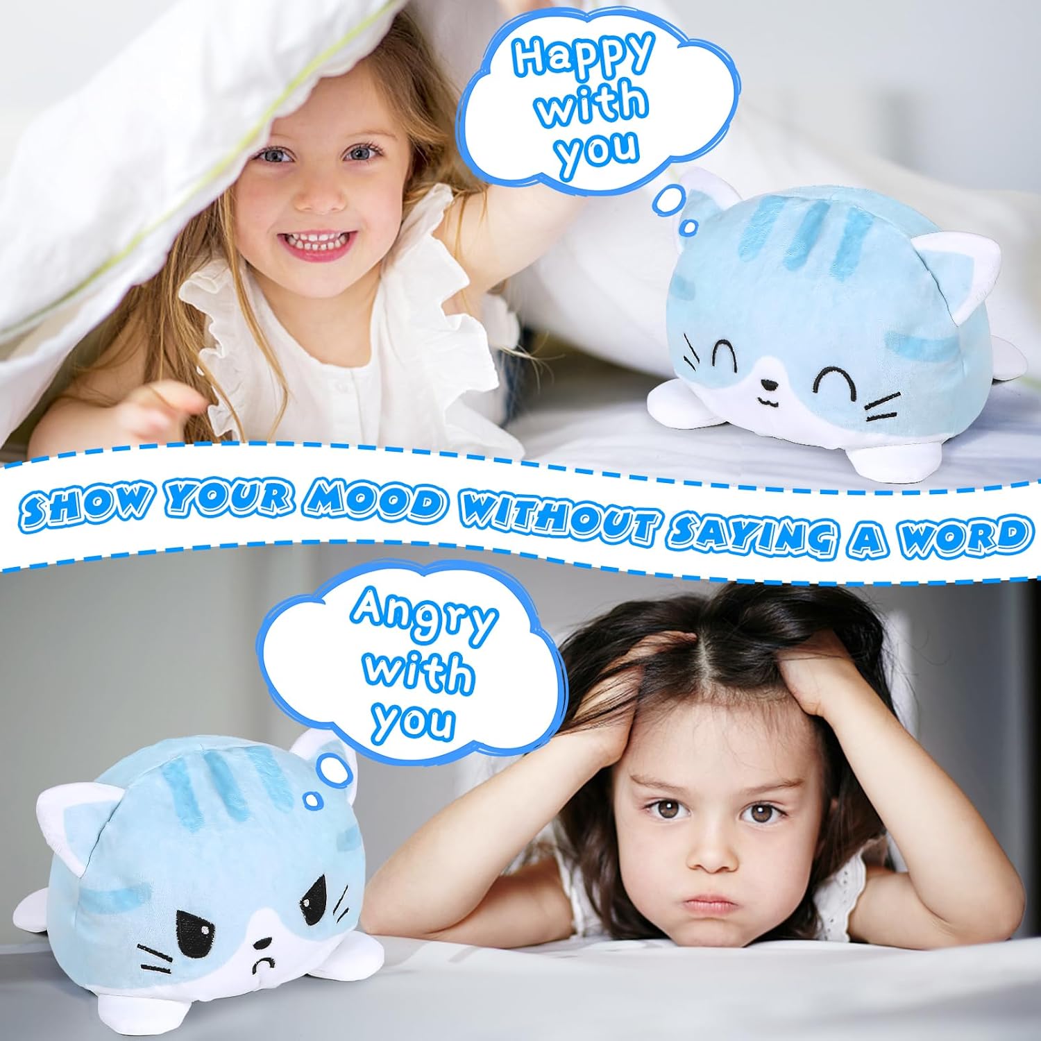 Thedttoy Reversible Cat Plush: Happy Sad Cat Emotion Kitten Double-Sided Flip Doll Soft Toy Blue