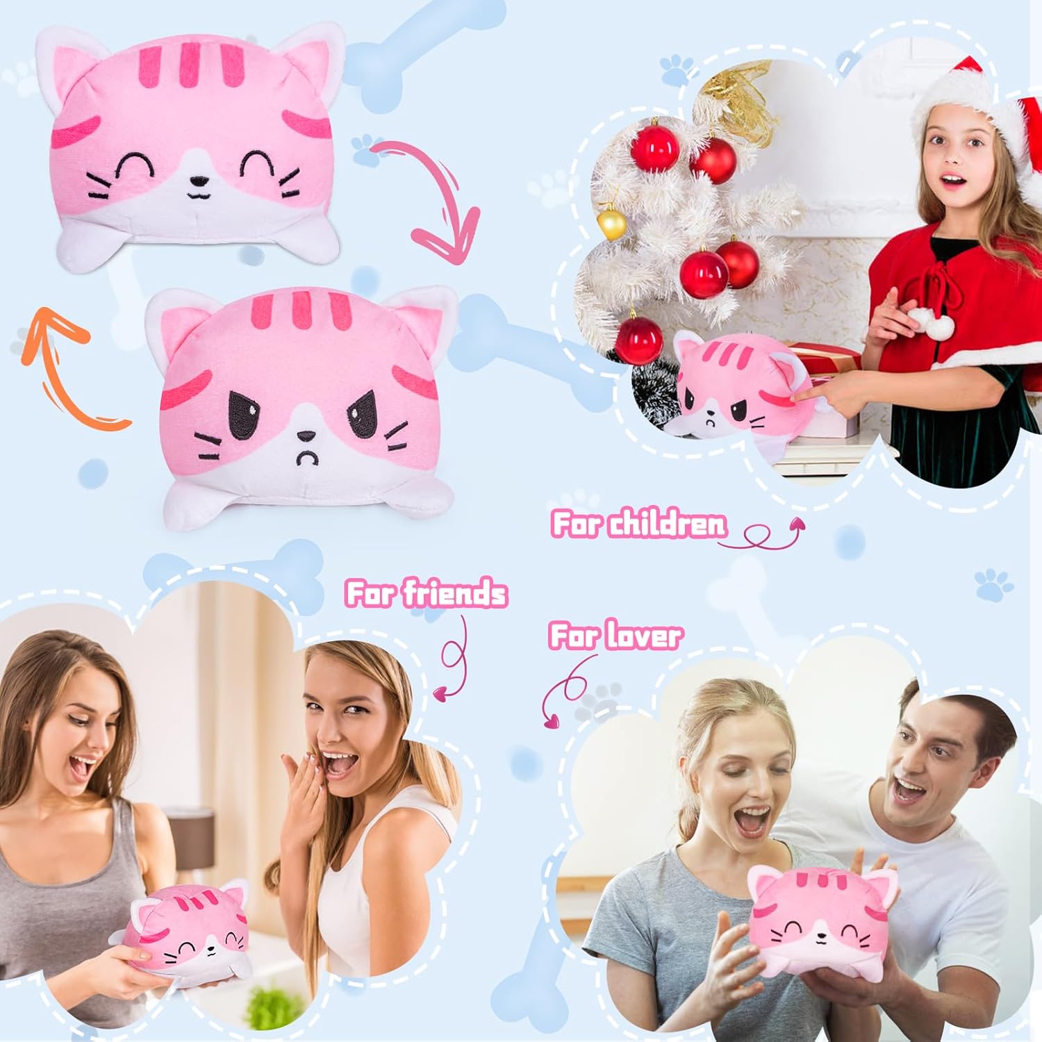Thedttoy Reversible Cat Plush: Happy Sad Cat Emotion Kitten Double-Sided Flip Doll Soft Toy Pink