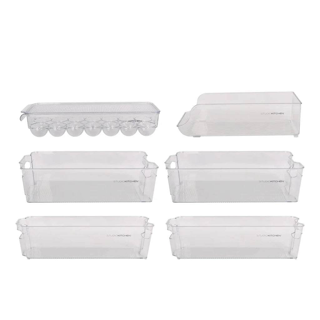 7-Piece Fridge Organizer Set – Clear Storage Bins with Drawers, Egg Holder & Can Dispenser