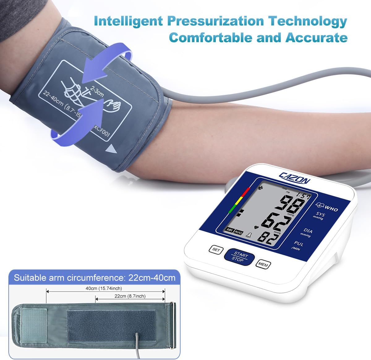 CAZON Blood Pressure Monitors Large Cuff Blood Pressure Machine BP Monitor Upper Arm BP Cuff for Home Use Heart Rate Hypertension Monitor, Cuff 22-40cm LCD Display (Blue)