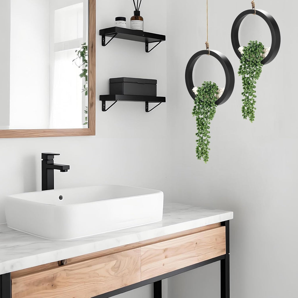 Der Rose 2 Pack Fake Plants Hanging Artificial Succulents Plants in Black Pots for Living Room Bathroom Accessories Boho Wall Decor