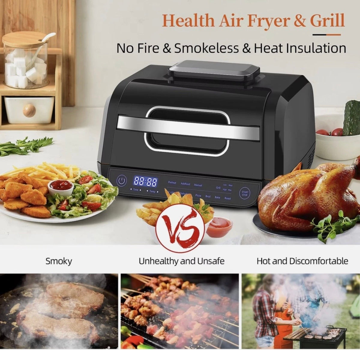 TopStrong 8-in-1 Digital Health Grill & Air Fryer Family Sized black 1700w new
