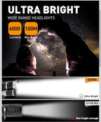 Rechargeable Headlight with 3 Lights 4 Modes, 6000 Lumen Super Bright LED Lamp, Hands-Free Flashlight Head Torch for Running, Camping, Fishing, Cycling, Hiking, Waterproof