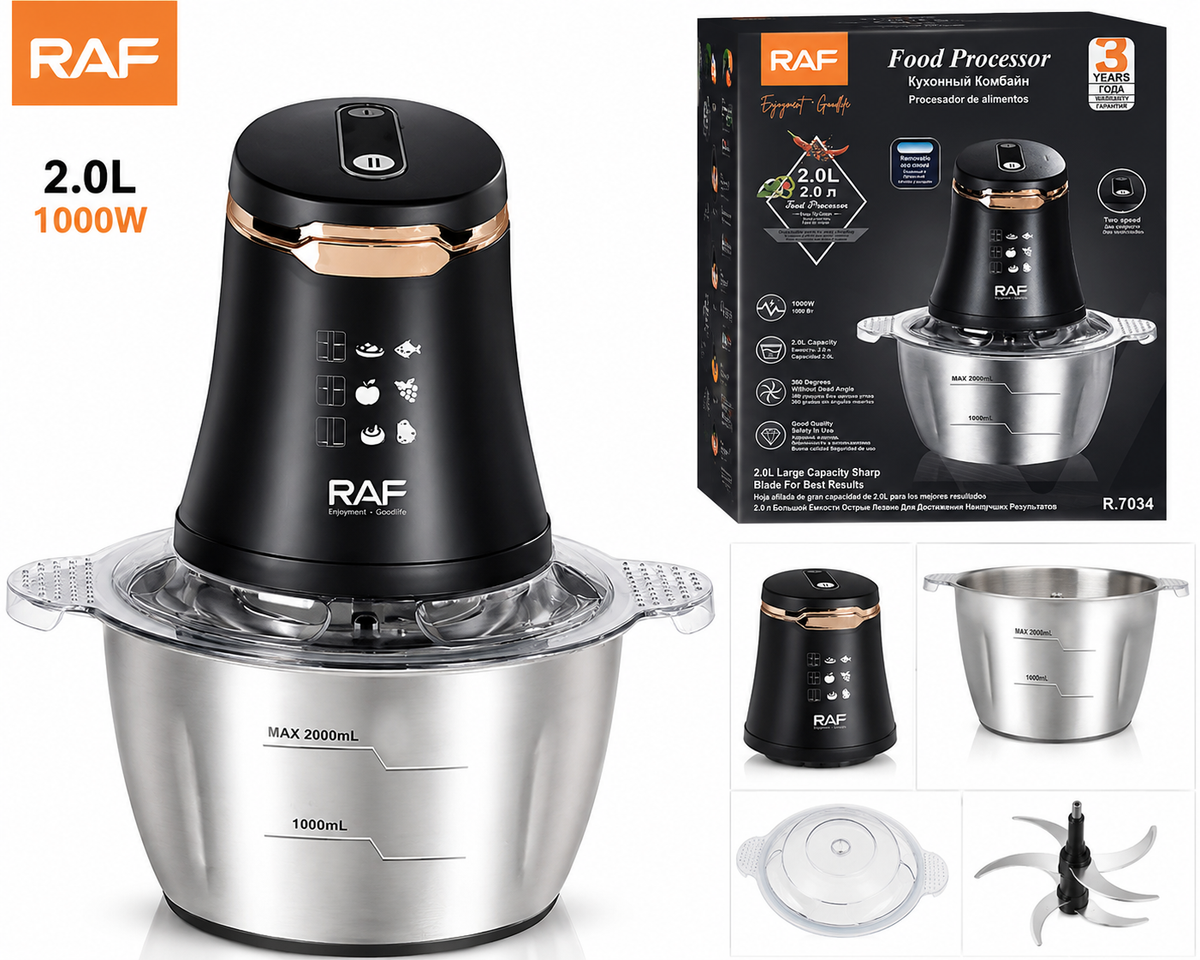 RAF 2.0L 1000W Food Processor – Stainless Steel Bowl