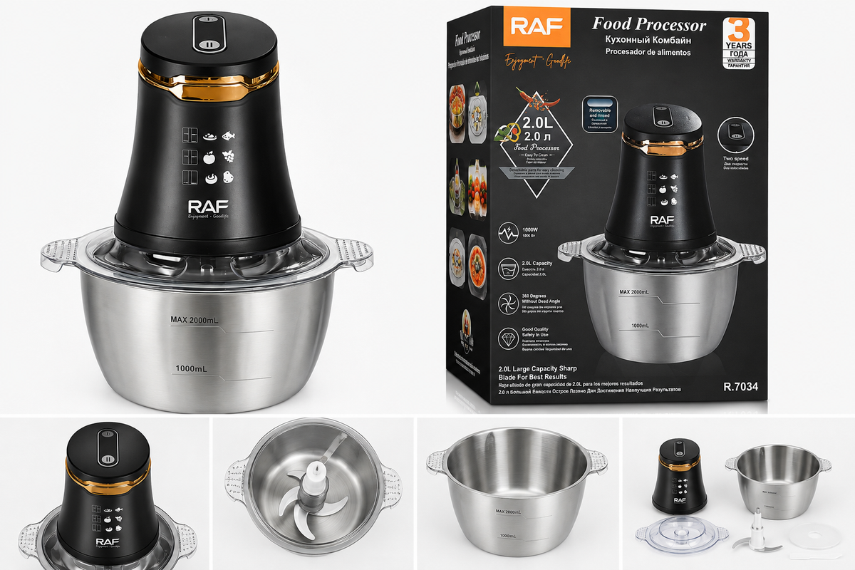 RAF 2.0L 1000W Food Processor – Stainless Steel Bowl