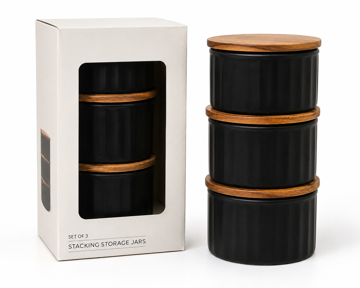 Set of 3 Black Stacking Storage Jars with Wooden Lids