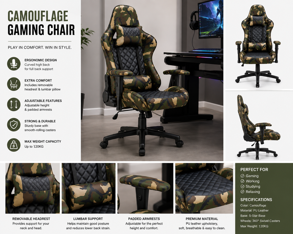 Camouflage Gaming Chair – High Back with Lumbar Support & Padded Armrests