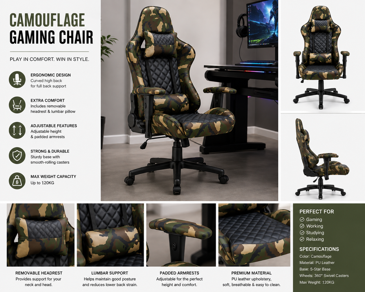 Camouflage Gaming Chair – High Back with Lumbar Support & Padded Armrests
